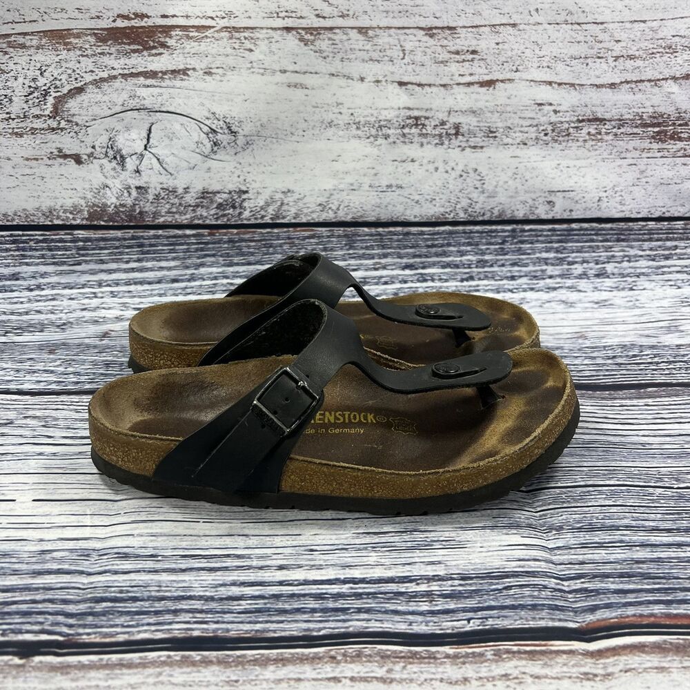 Birkenstock Gizeh Black Leather Thong Sandals Shoes, Women's Size 7
